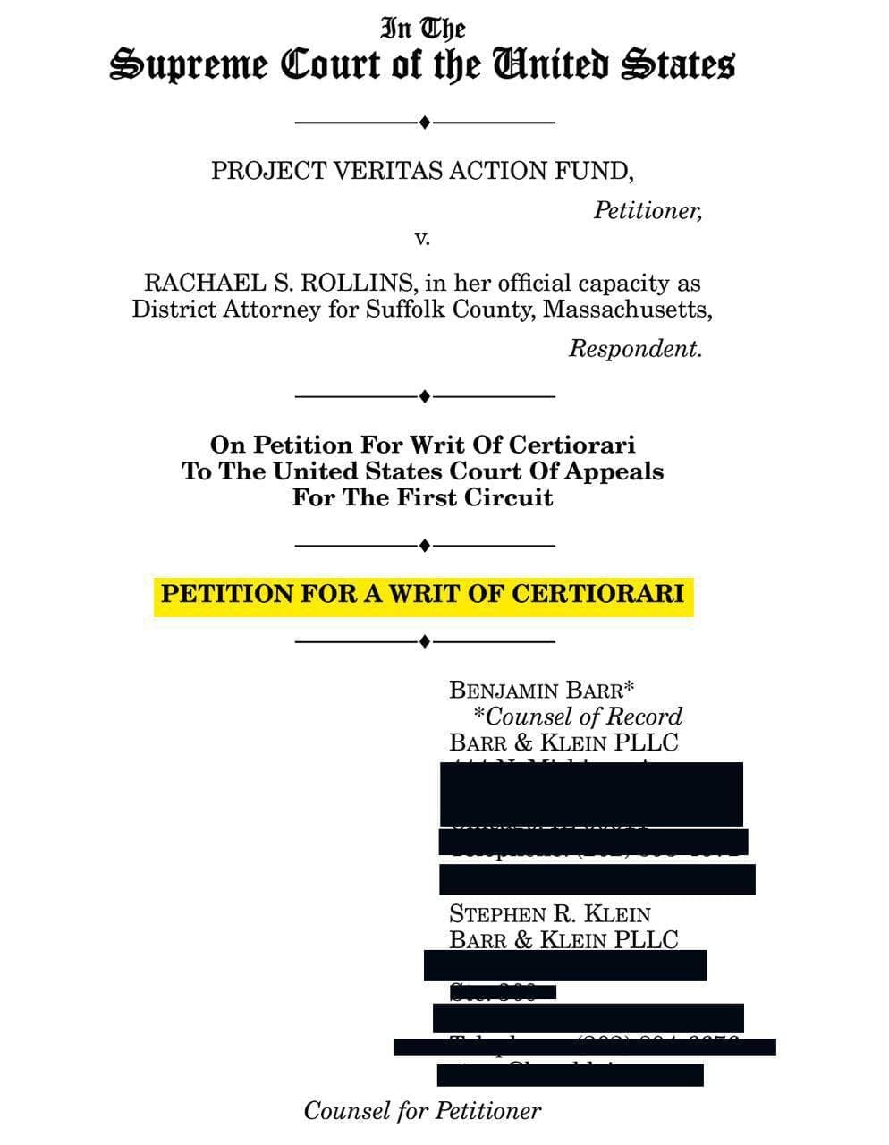 Petition for Writ of Certatori 